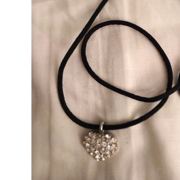 Josten's silver tone tiny heart pendant rhinestones black cord - Picture 1 of 3